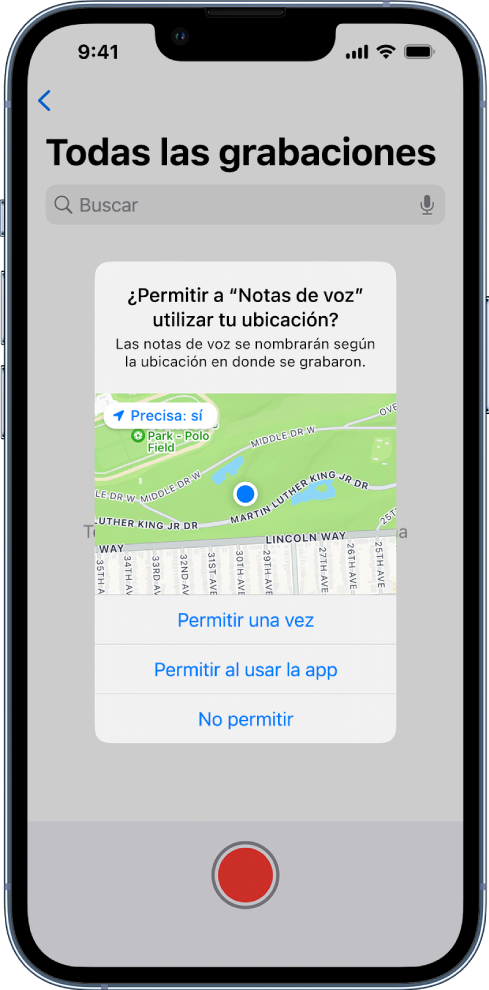Una solicitud de una app para usar los datos de localización en el iPhone. Las opciones disponibles son Permitir una vez, Permitir al usar la app y No permitir.