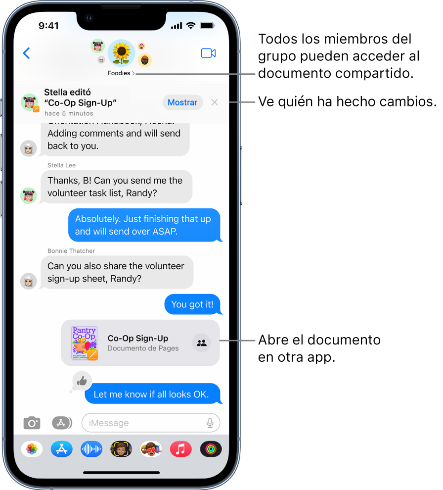 Una conversación grupal en Mensajes incluyendo una invitación de colaboración y actualizaciones en la parte superior de la ventana de la conversación.