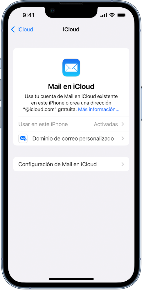 En la parte superior de la pantalla Correo en iCloud, la opción Usar en este iPhone está activada. Debajo se encuentran las opciones para la configuración de los dominios de correo personalizados y de Mail en iCloud.