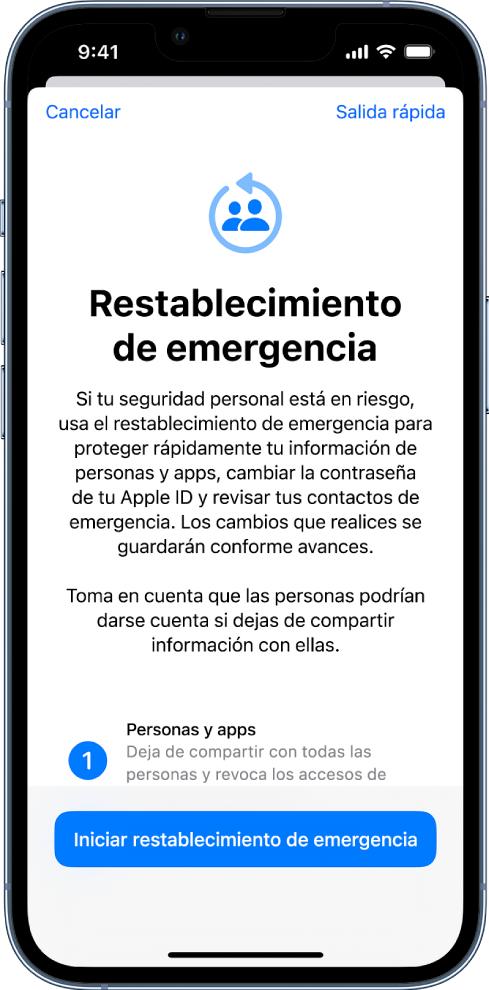 La pantalla Restablecimiento de emergencia con información sobre la función. En la parte inferior está el botón Iniciar restablecimiento de emergencia.