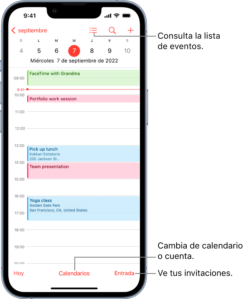 Un calendario en la vista por día mostrando los eventos del día. El botón Calendarios ubicado en la parte inferior de la pantalla te permite cambiar de cuenta de calendario. El botón Entrada ubicado en la parte inferior derecha te permite ver las invitaciones.