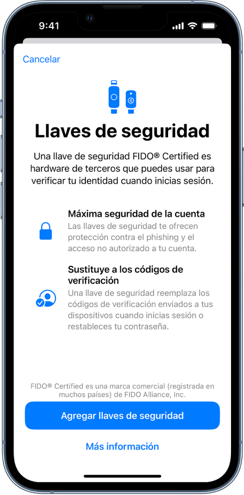 Pantalla de bienvenida a las llaves de seguridad. Cerca de la parte inferior se encuentra el botón Agregar llaves de seguridad y un enlace para obtener más información. Arriba de estos hay un texto que explica los beneficios de usar las llaves de seguridad.