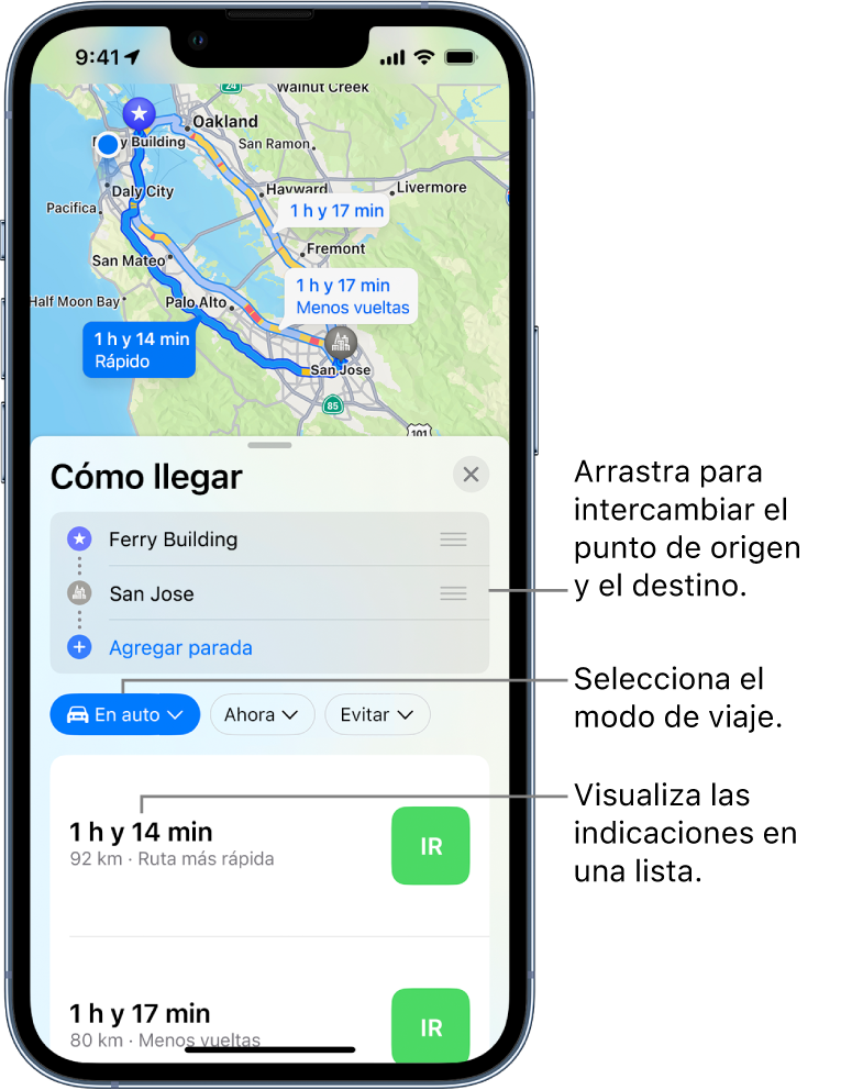 Un mapa mostrando varias rutas en auto entre dos ubicaciones, con opciones para invertir el punto de inicio y de destino, cambiar el modo de viaje y visualizar las indicaciones en una lista.