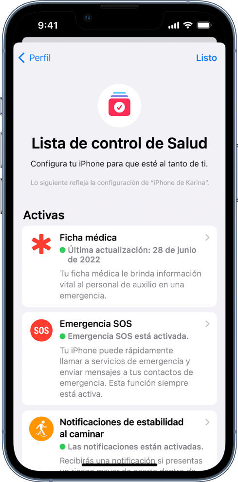 La pantalla Lista de control de Salud mostrando que las funciones de ficha médica y Notificaciones de Estabilidad al caminar están activadas.