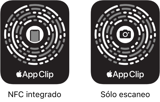 A la izquierda, un código de App Clip con NFC integrado con un ícono de iPhone en el centro. A la derecha, un código de App Clip de escaneo con un ícono de cámara en el centro.