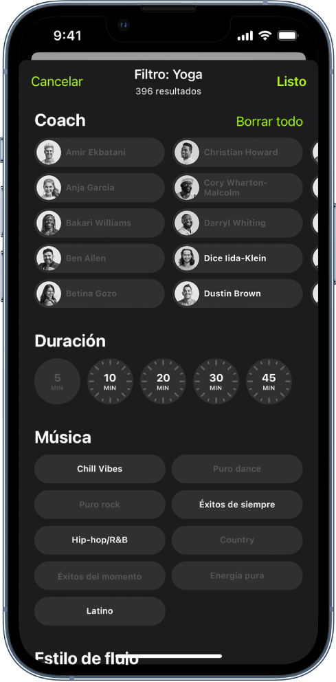 La pantalla de Apple Fitness+ mostrando opciones para ordenar y filtrar entrenamientos. En la parte superior de la pantalla, hay una lista de coaches. Intervalos de tiempo está en el centro de la pantalla. Debajo del tiempo hay una lista de géneros musicales.