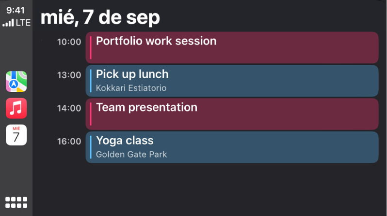 Una pantalla de calendario en CarPlay, mostrando cuatro eventos para el miércoles, 7 de septiembre.