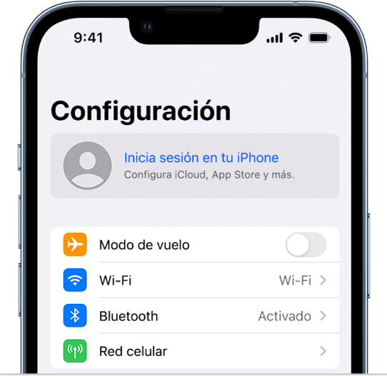 La pantalla Configuración con la opción Iniciar sesión en tu iPhone seleccionada.