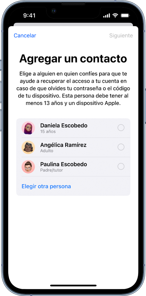 La pantalla Contacto de recuperación de cuenta mostrando contactos sugeridos para seleccionarlos como contacto de recuperación, y la opción de seleccionar a alguien más.
