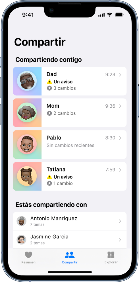 La pantalla Compartir mostrando cuatro personas que están compartiendo contigo y dos personas con las que compartes.