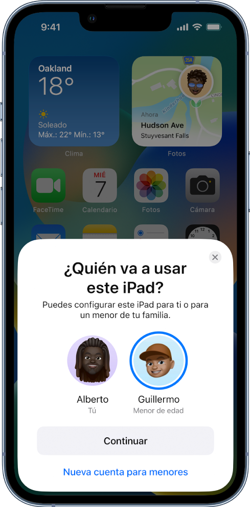 La pantalla de configuración de Inicio rápido, donde se pregunta quién usará un iPad: Alberto (tú) o Will (menor de edad).