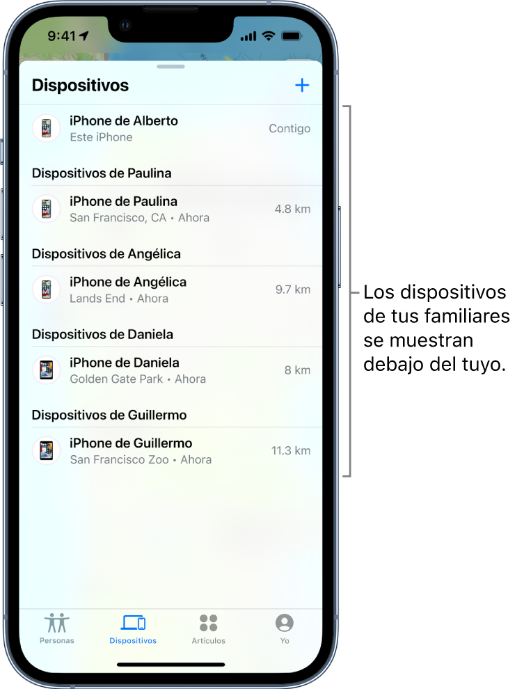 La pestaña Dispositivos de Encontrar. En la parte superior de la lista se muestra el iPhone de Dani. Debajo se encuentran los dispositivos de Abigail, Daniel, Olivia y Lalo.