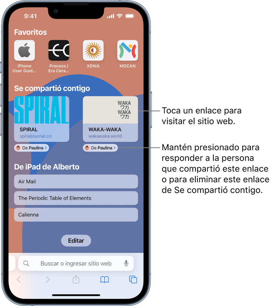 La página principal de Safari incluye la sección Se compartió contigo con vistas previas de dos páginas web. Debajo de las vistas previas hay etiquetas que dicen De Abigail. Toca la vista previa para visitar el sitio web, toca la etiqueta para responder a Abigail, o también puedes eliminar el enlace de la sección Se compartió contigo.