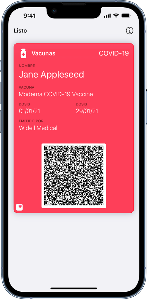 Una tarjeta de vacunación en la app Wallet.