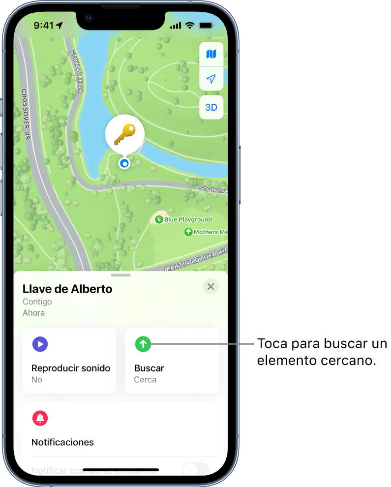 La app Encontrar abierta, mostrando las llaves de Dani en el bosque de Chapultepec. Toca el botón Buscar para localizar un artículo cercano.