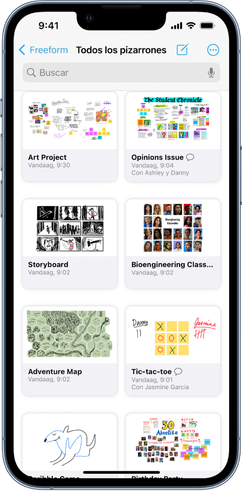 La pantalla Todos los pizarrones de Freeform está abierta y muestra ocho miniaturas de pizarrones.