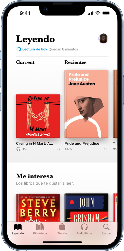 La pestaña Leyendo de la app Libros. En la parte inferior de la pantalla, de izquierda a derecha, se encuentran las pestañas Leyendo, Biblioteca, Tienda, Audiolibros y Buscar.