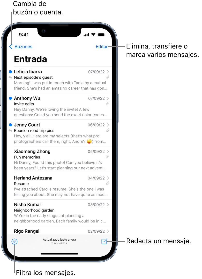 El buzón de entrada mostrando una lista de correos electrónicos. El botón Buzones para cambiar a otro buzón está en la esquina superior izquierda. El botón Editar para eliminar, mover o marcar correos está en la esquina superior derecha. El botón para filtrar correos está en la esquina inferior izquierda. El botón para redactar un correo nuevo está en la esquina inferior derecha.