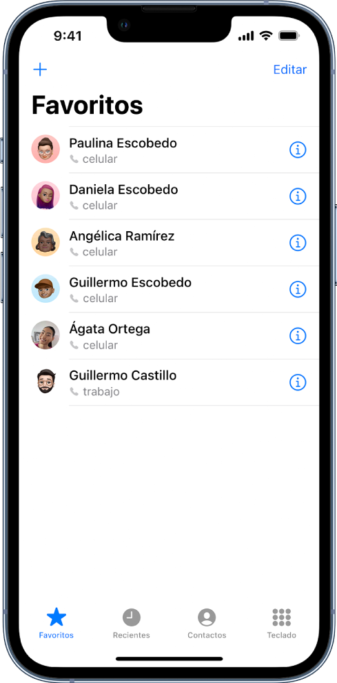 La pantalla Favoritos en la app Contactos, donde se muestran seis contactos marcados como favoritos.
