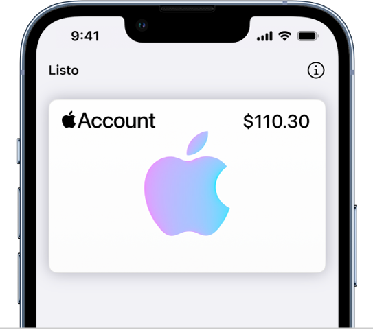 La tarjeta de una cuenta Apple en Wallet mostrando el saldo de la cuenta en la parte superior derecha.