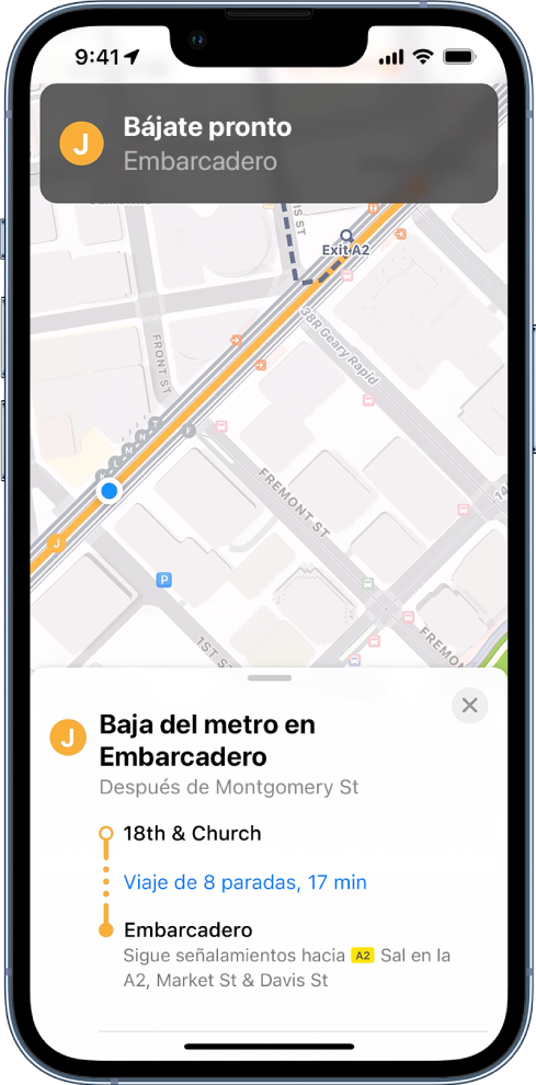 Un mapa mostrando indicaciones en transporte público y una notificación que indica que debes bajarte pronto.
