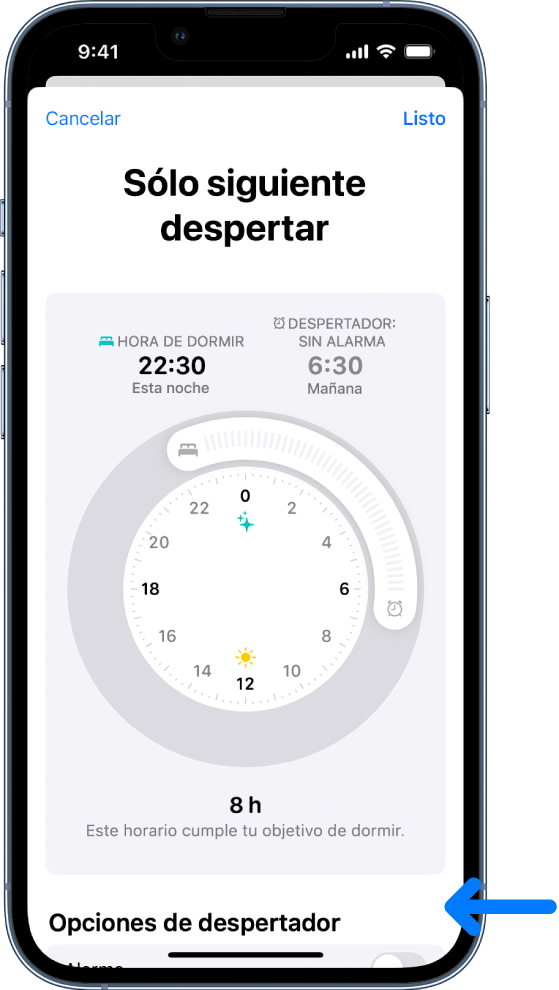 La pantalla Sólo siguiente despertar con la opción Alarma desactivada en la parte inferior.