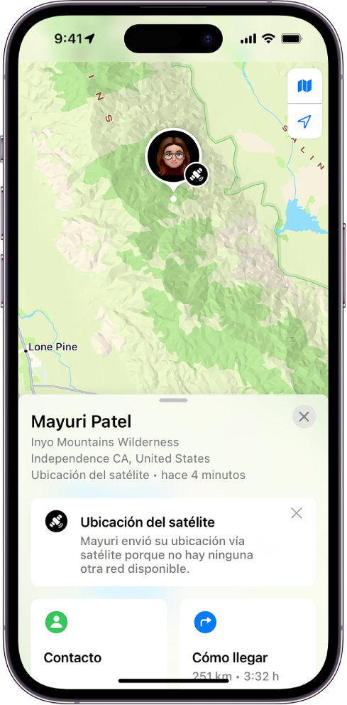 Pantalla de la app Encontrar a medida que se muestra cuando un amigo comparte su ubicación vía satélite.