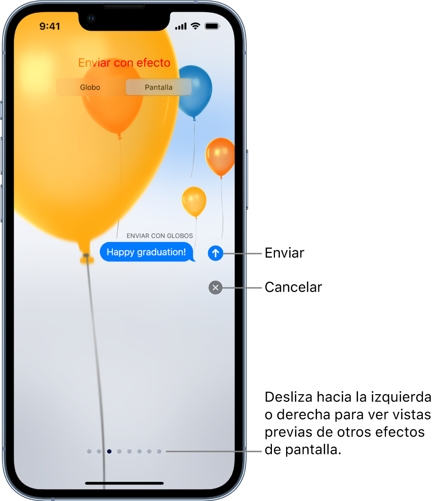 Una previsualización de un mensaje mostrando un efecto en pantalla completa con globos.