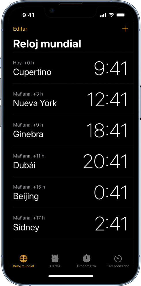 La pestaña Reloj mundial mostrando la hora en varias ciudades. El botón Editar cerca de la esquina superior izquierda te permite reordenar o eliminar relojes. El botón Agregar cerca de la esquina superior derecha te permite agregar más relojes. Los botones Reloj mundial, Alarma, Cronómetro y Temporizador están en la parte inferior.