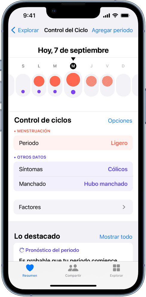 La pantalla Control del Ciclo mostrando una línea del tiempo de una semana en la parte superior. Hay círculos de color rojo sólido que marcan los primeros 3 días de la línea, y puntos de color morado en todos los días. Debajo de la línea del tiempo hay opciones para agregar información sobre el periodo, los síntomas y más.