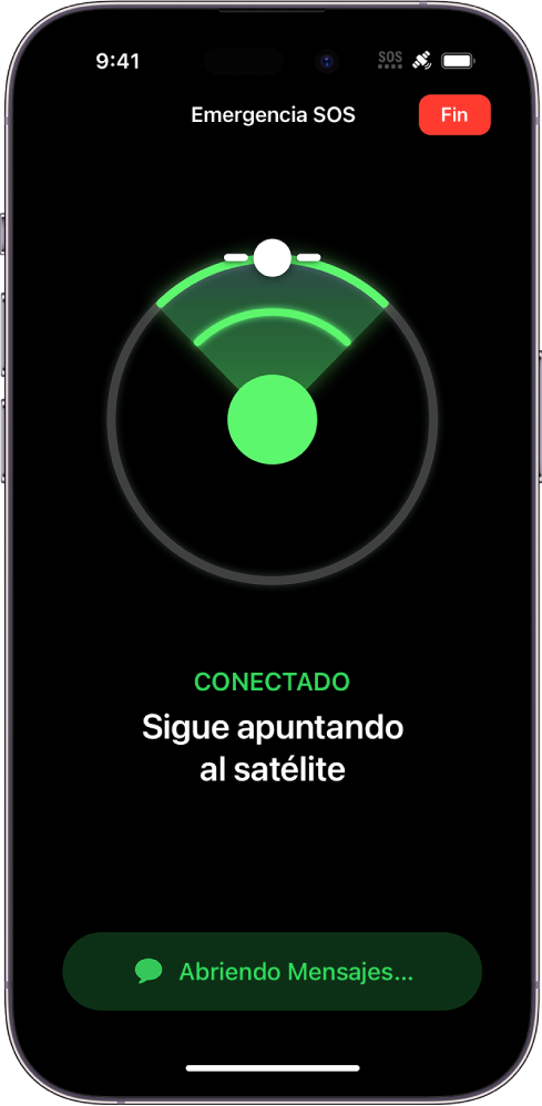 Una pantalla de Emergencia SOS que muestra una imagen que indica al usuario que apunte su iPhone a un satélite. Debajo hay una notificación que dice Abriendo Mensajes.