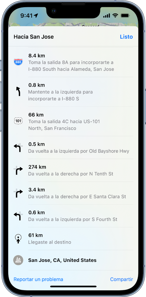 Se muestran las indicaciones detalladas de una ruta en una lista.