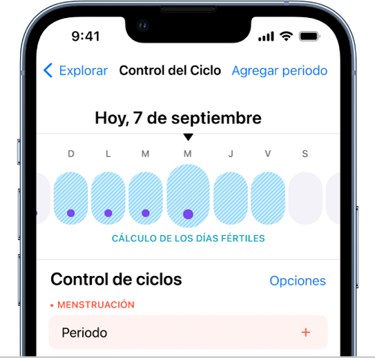 La pantalla Control del Ciclo con una línea del tiempo cerca de la parte superior que muestra un pronóstico de días fértiles.