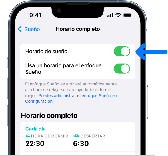 La pantalla Horario completo con la opción Horario de sueño activada en la parte superior.