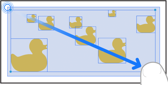 Una ilustración mostrando un dedo arrastrando para seleccionar elementos en Freeform.