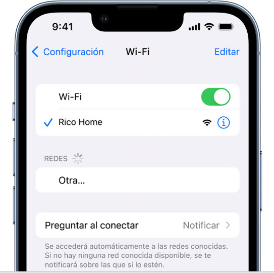 La pantalla de opciones de Wi-Fi en Configuración. La red Wi-Fi está activada y hay una red seleccionada.