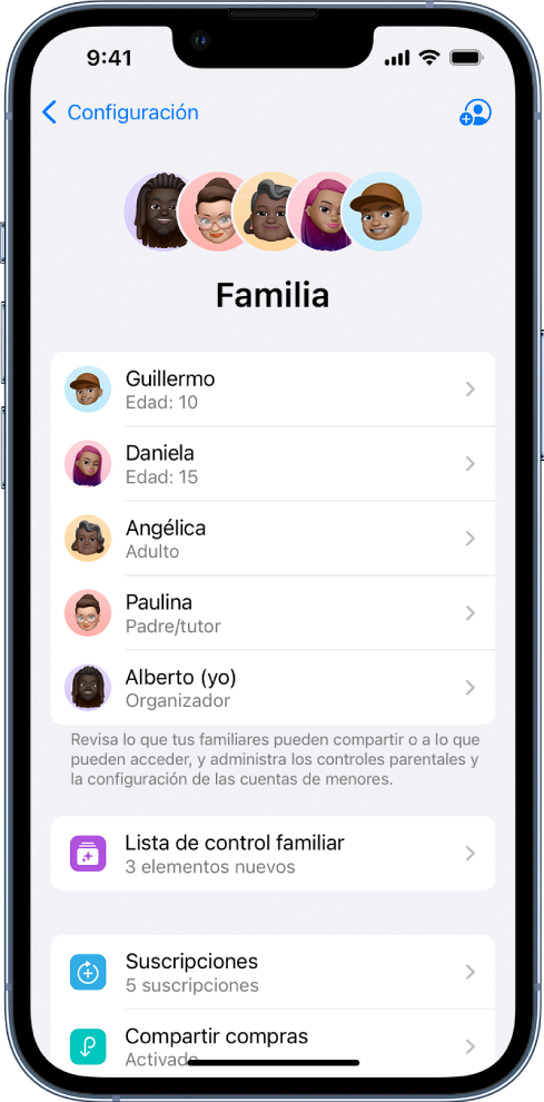 La pantalla de Compartir en familia en Configuración. Aparecen cinco integrantes de la familia. Debajo de sus nombres está la lista de control familiar y las opciones Suscripciones, Compartir compras y Compartir ubicación.