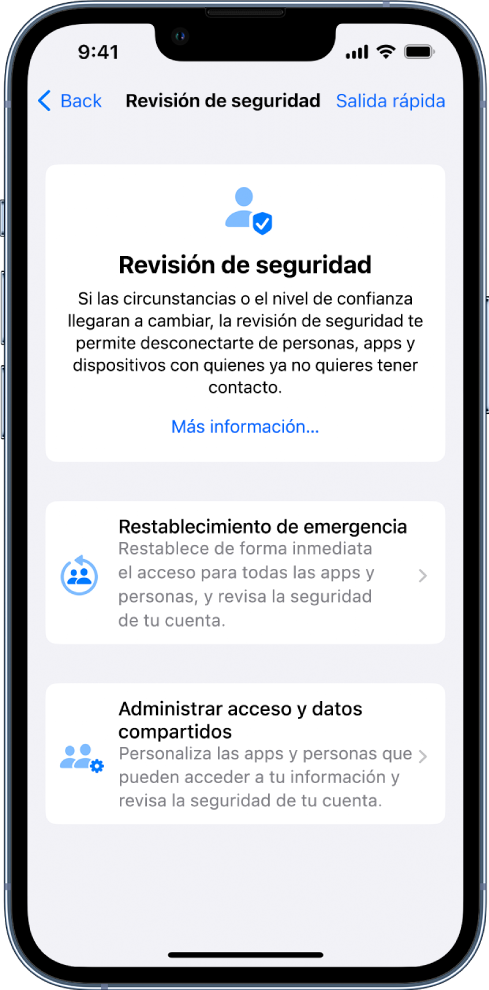 La pantalla de Revisión de seguridad muestra la información sobre la función y los botones Restablecimiento de emergencia y Administrar acceso y datos compartidos.