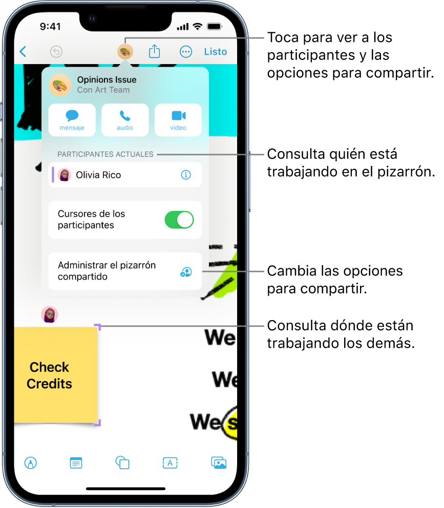Un pizarrón compartido con el menú de colaboración visible.