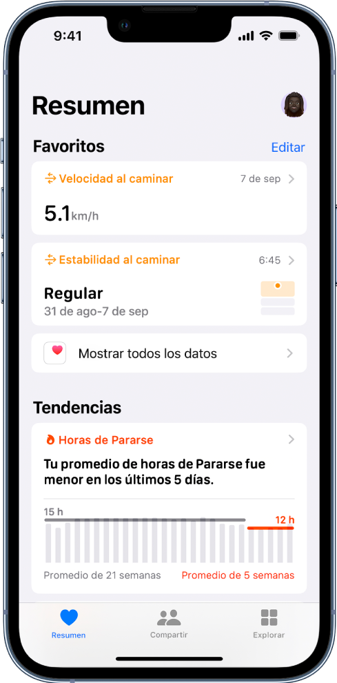 La pantalla Resumen mostrando Velocidad al caminar y Estabilidad al caminar debajo de Favoritos, y horas de Pararse debajo de Tendencias.