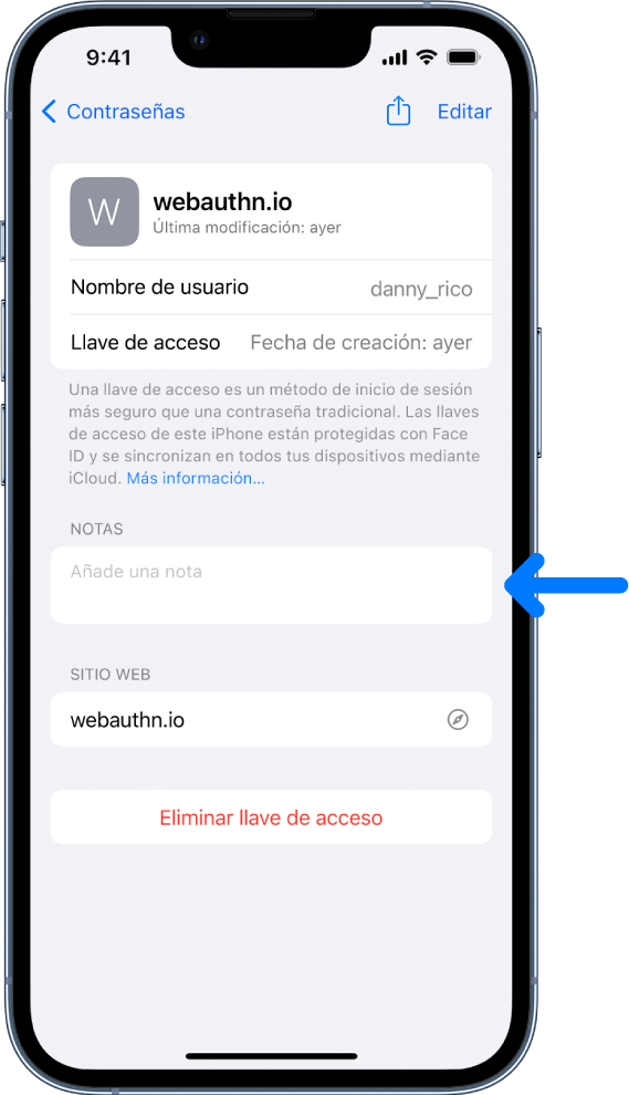 Una pantalla de llaves de acceso en el llavero de iCloud, con información sobre la llave de acceso y un lugar para añadir y ver notas.