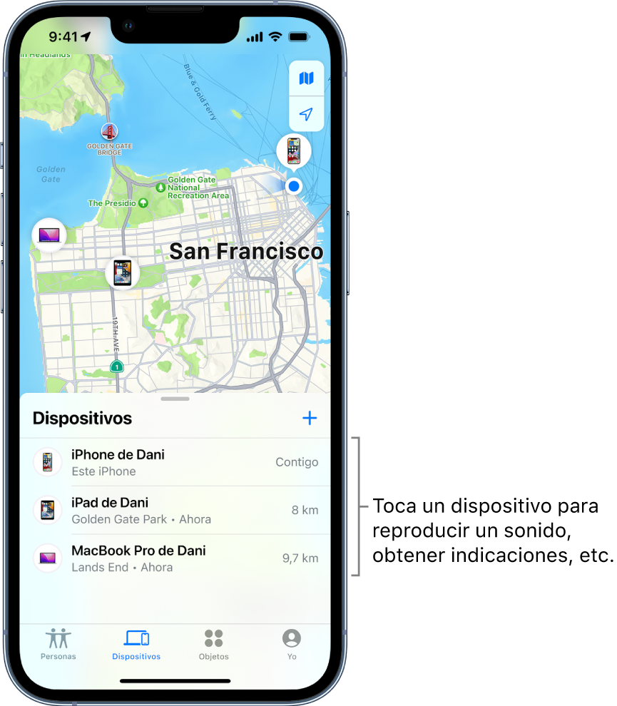 Pantalla Buscar abierta en la lista Dispositivos. Hay tres dispositivos en la lista Dispositivos: iPhone de Dani, iPad de Dani y MacBook Pro de Dani. Sus ubicaciones se muestran en un mapa de San Francisco.