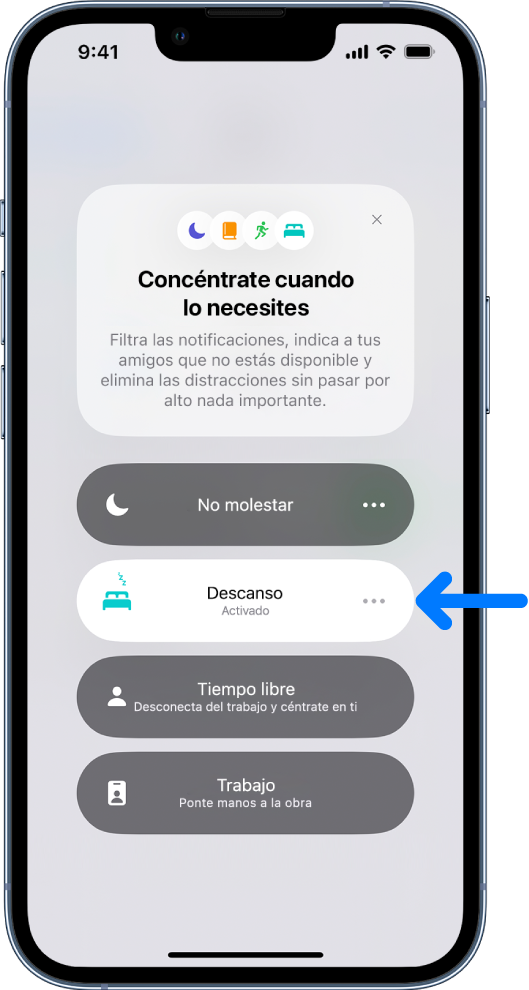 Pantalla “Concéntrate cuando lo necesites” con la opción Descanso activada.