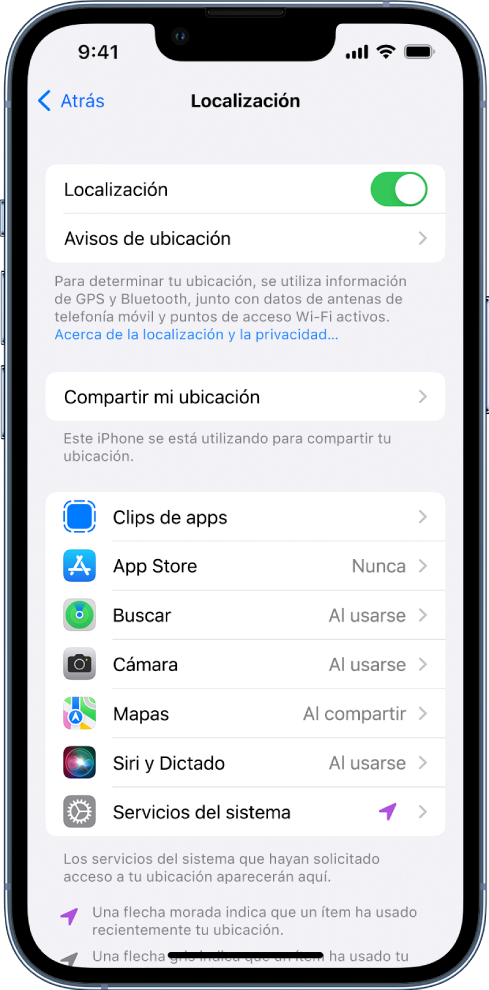 La pantalla Localización, con ajustes para compartir la ubicación del iPhone, incluidos ajustes personalizados para apps específicas.