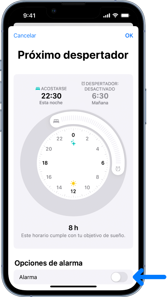 Pantalla “Próximo despertador” con la opción Alarma desactivada en la parte inferior.