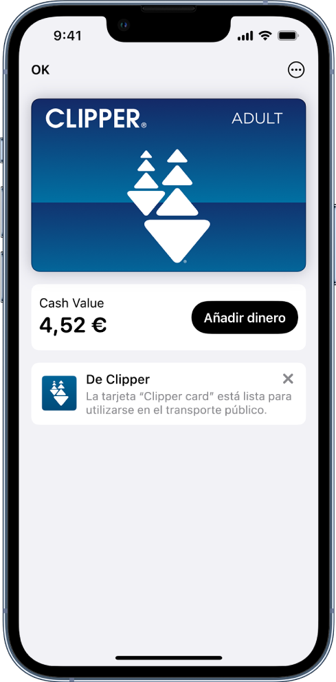 Una tarjeta de transporte en la app Cartera. El saldo de la tarjeta se muestra en el centro, junto al botón “Añadir dinero”.