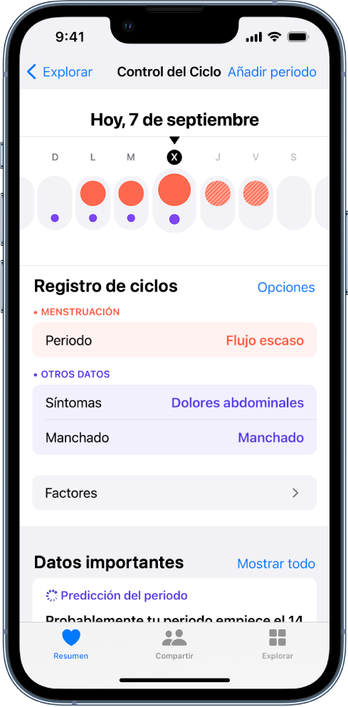Pantalla “Control del ciclo” con la línea de tiempo de una semana en la parte superior de la pantalla. Unos círculos de rojo intenso marcan los tres primeros días de la línea de tiempo, mientras que unos puntos morados marcan todos los días. Debajo de la línea de tiempo hay opciones para añadir información sobre periodos, síntomas y más.