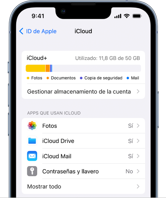 Pantalla de ajustes de iCloud con el medidor de almacenamiento en iCloud y una lista de apps y servicios, como Fotos, iCloud Drive y iCloud Mail, que se pueden usar con iCloud.