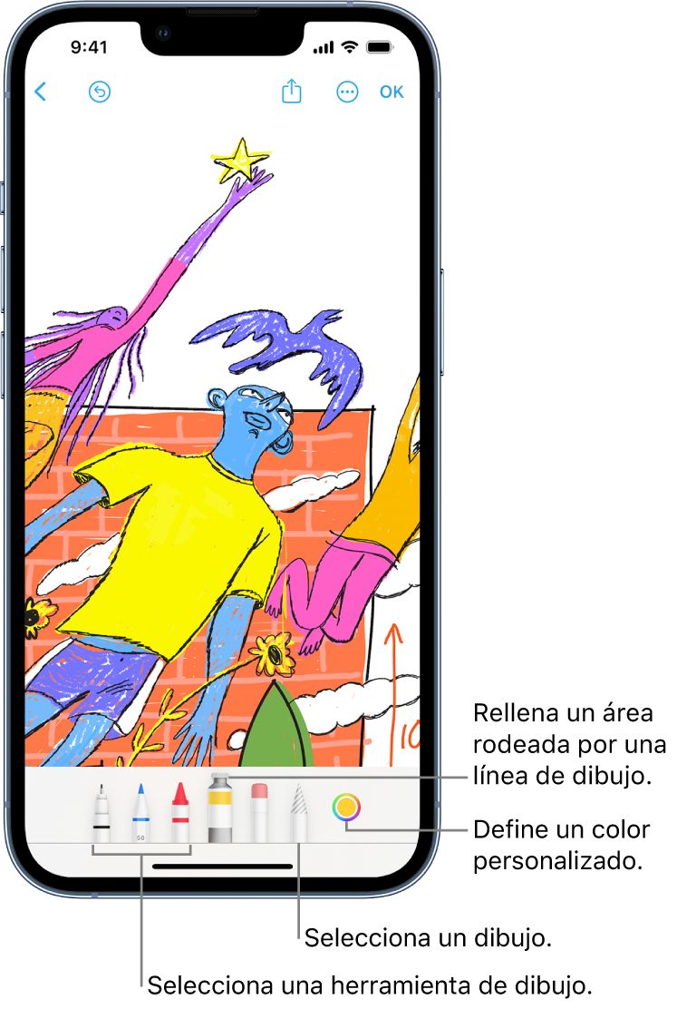 Un dibujo en una pizarra de Freeform con un texto escrito a mano y las herramientas de dibujo visibles.