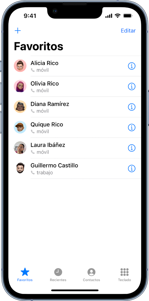 Pantalla Favoritos en la app Contactos; hay seis contactos en la lista de favoritos.